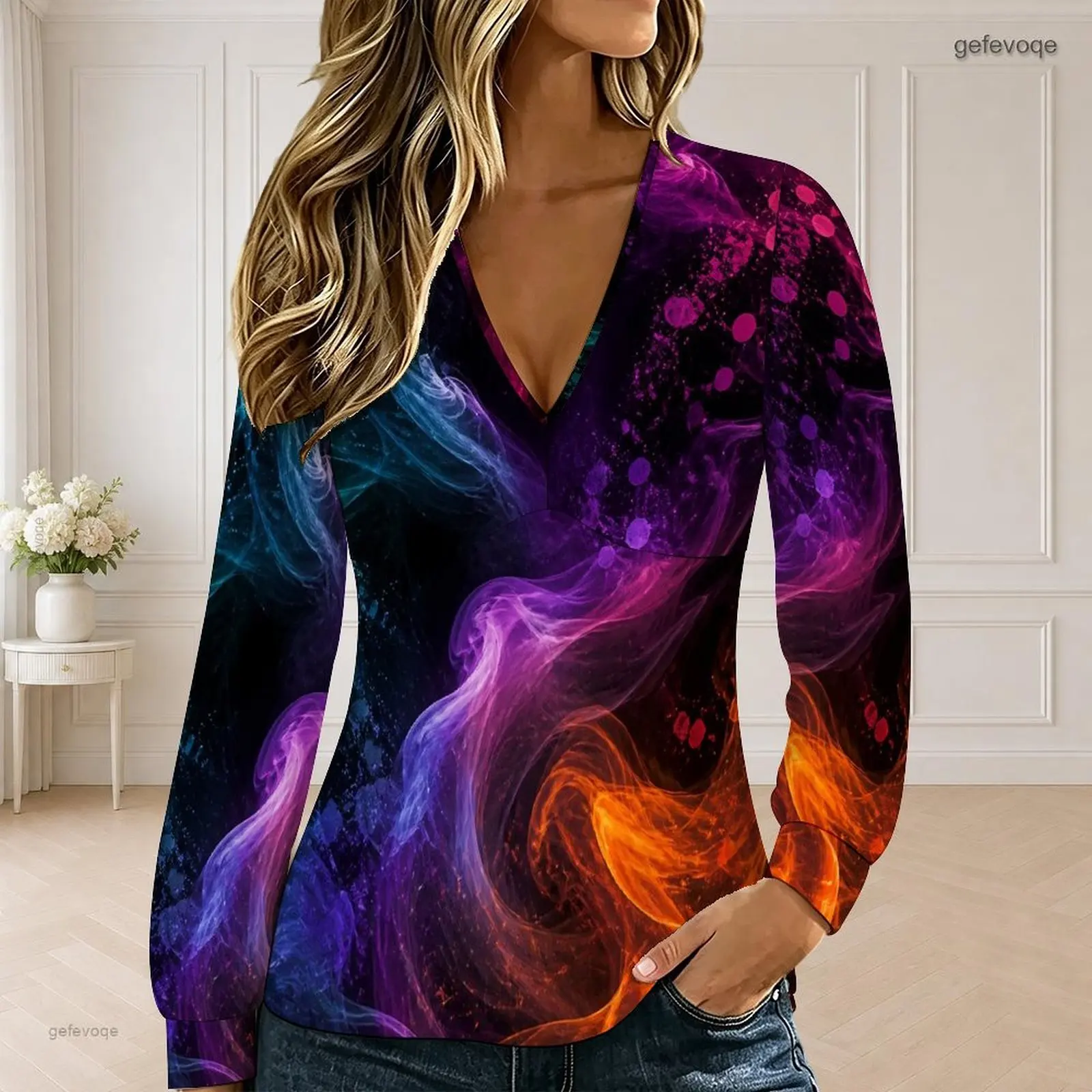 Women V Neck Long Sleeve Top, Purple Teal Gold Black Nebula Swirl Printed Fitted Casual Top