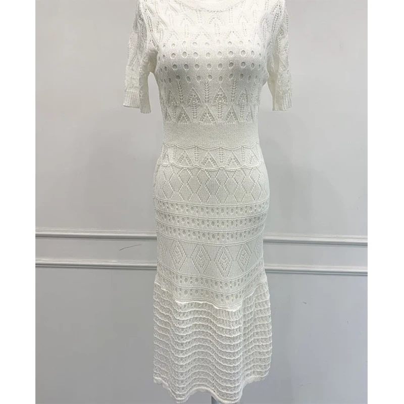 Estate elegante moda scava fuori bianco aderente abito longuette femminile sottile girocollo maglia abito da donna a-line abiti casual