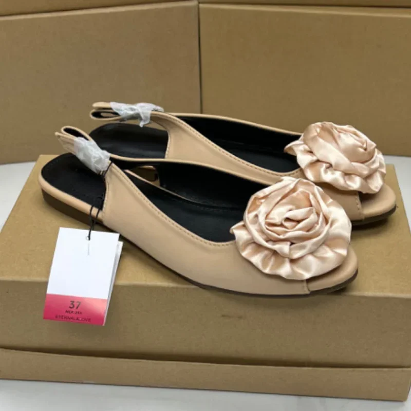 Ladies Shoes on Offer Retro Rose Decoration Peep Toe Female Slingbacks Casual Large Size Footwear Women\'s Mules Flats