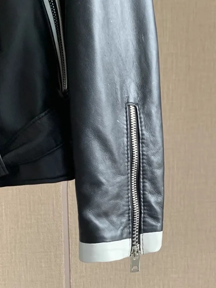 Giacca da motociclista corta da donna in vera pelle Streetwear Cappotto sottile in pelle di pecora Elegante capispalla da donna a maniche lunghe con cerniera da ufficio M-3XL