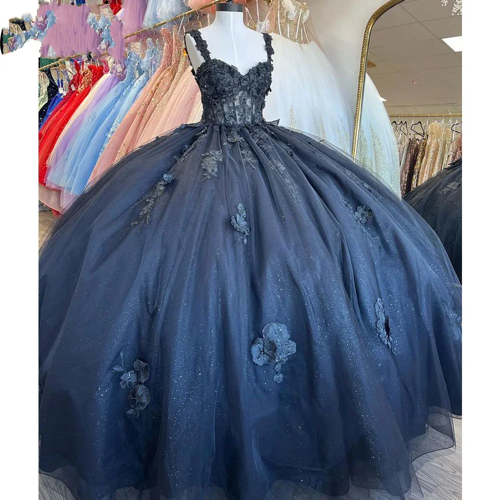 

Angelsbridep 2024 Shiny Black Quinceanera Dress Ball Gown 3D Flower Applique Beading Mexico Corset Sweet 16 Vestidos De 15 Años