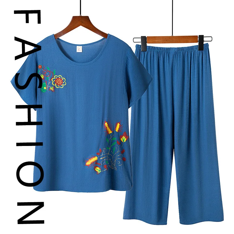 

Mom pajamas women's summer cotton and linen short-sleeved two-piece set summer thin grandma clothes loungewear can be worn outsi