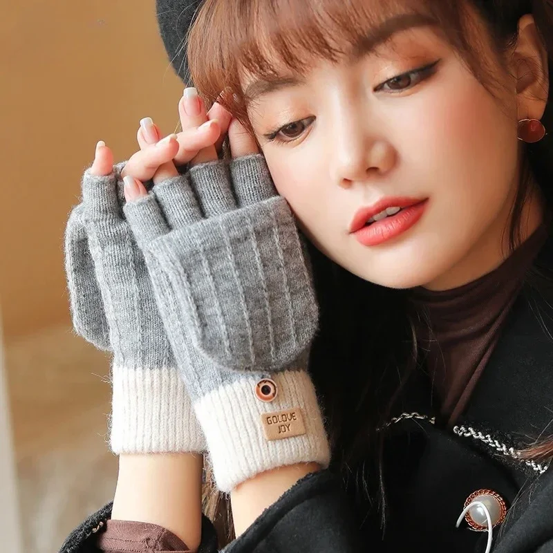 Cute Women Knitted Flip Half Finger Gloves, Plush Lined Winter Thermal Mittens Korean Style for Cycling Running Outdoor Sports