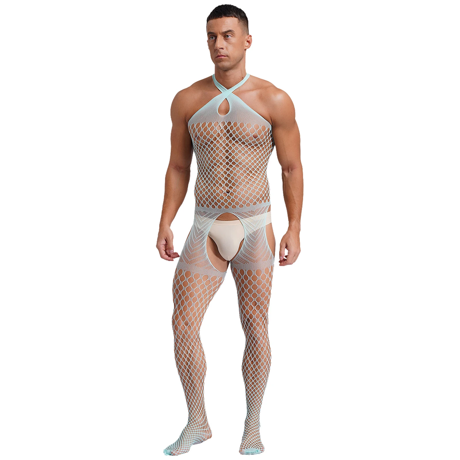 Sexy Mens See-through Cutout Unitard Skinny Jumpsuit Nightwear Lingerie Hollow Out Fishnet Crotchless Bodystocking Bodysuit