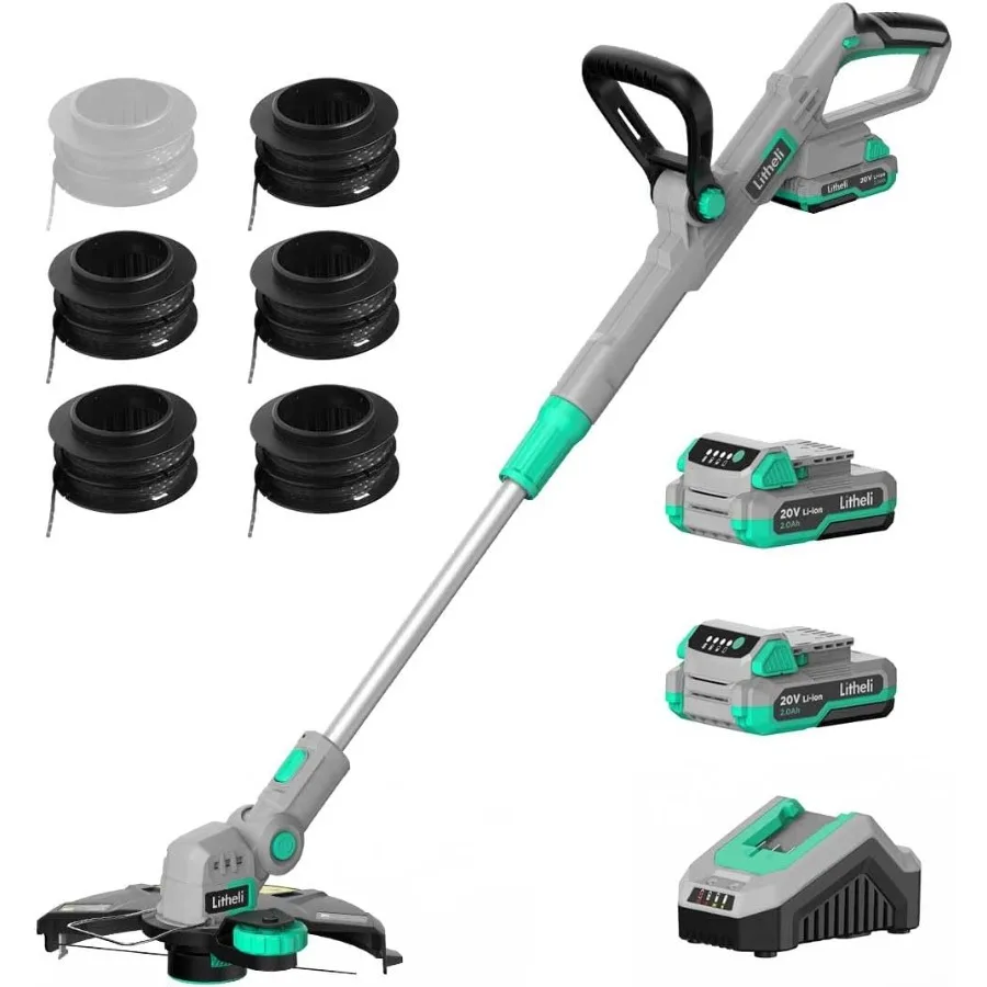 ماكينة تشذيب سلسلة لاسلكية 20 فولت 12 بوصة مع تغذية تلقائية لتشذيب العشب وحواف مدعومة ببطاريتين 2 × 2.0 أمبير في الساعة تتضمن 6