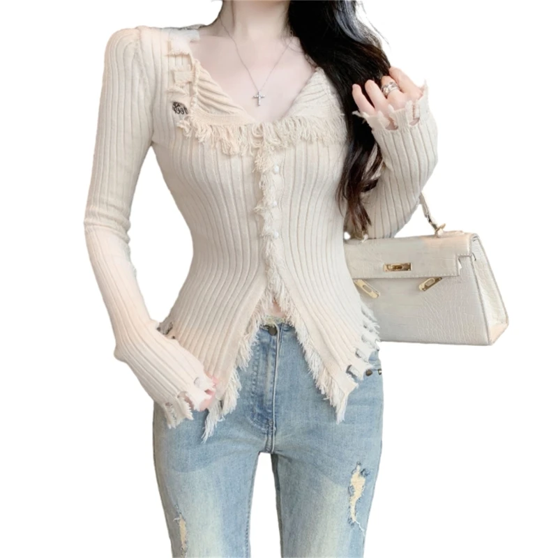 Women Y2K Frayed Tassels Trim Knitted Cardigan Long Sleeve Lapel V-Neck Button Up Casual Aesthetic Sweater Crop Top N7YE