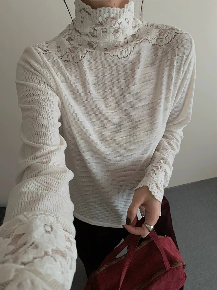 

Ele Korean Sle Lace Splice Slim Fit Женский топ с высоким воротником Faionable Design Commute Sle Long Sve irt