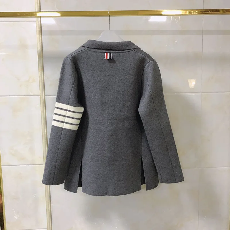 Classic TB British Style Stripe Knit Sweater Cardigan New Office Lady Elegant Blazer Women Lapel Long Sleeve Loose Casual Jacket