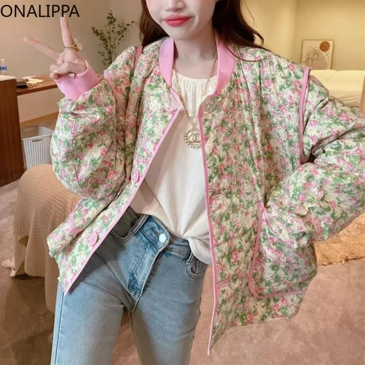 Onalippa Small Fragrance Contrast Floral Quilted Coat Sweet Gentle Wind All Match Jackets for Women Korean Loose Kawaii Jacket