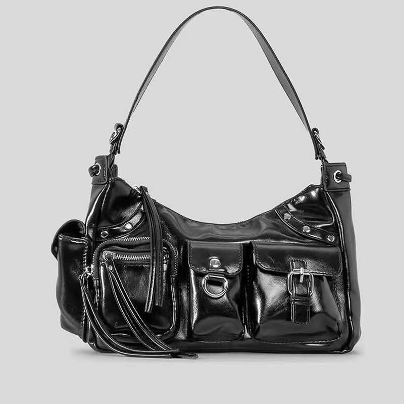 

Женская большая вместительная мотоциклетная сумка из искусственной кожи с несколькими карманами в стиле Y2K на одно плечо, наклонная сумка через плечо, нишевый дизайн для пряных девушек