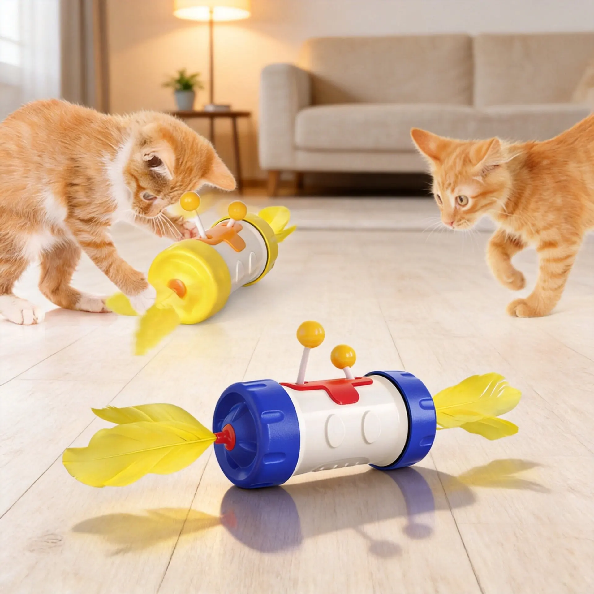 Interactive Cat Toy Tumbler Base Feather Teaser Stick With Cat Ball, Self Entertainment Pet Toy for Kittens