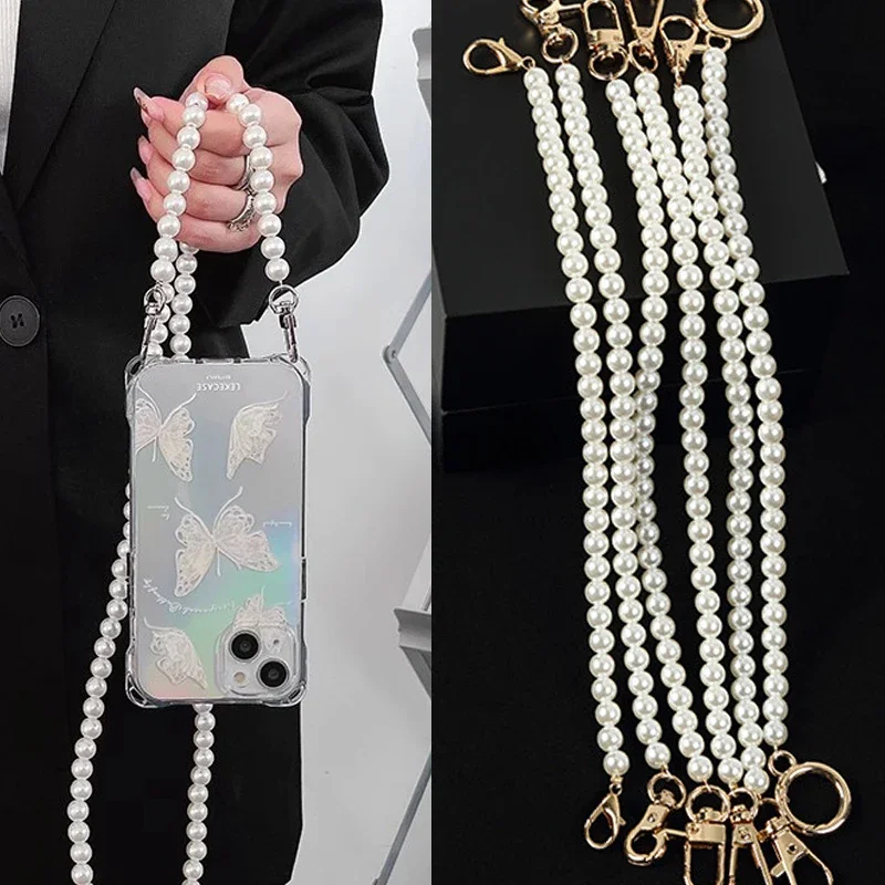 Borsa di perle da 8 mm con catena per borsa da trasporto a mano tracolla corta perla bianca catena per cellulare cordino catena di estensione fai da te
