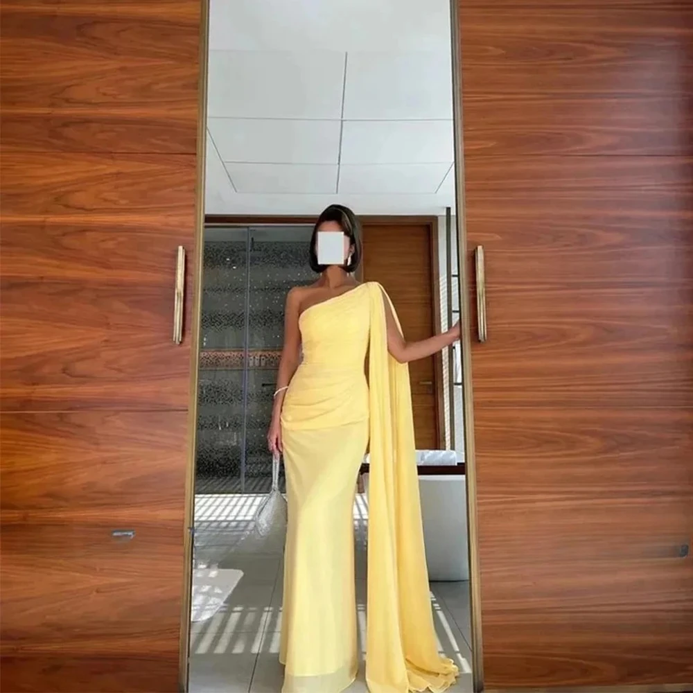

Formal Evening Dress for Ladies Chiffon Mermaid/Trumpet Evening Gowns Yellow One-Shoulder Cloak Sleeves Party Gown Customized