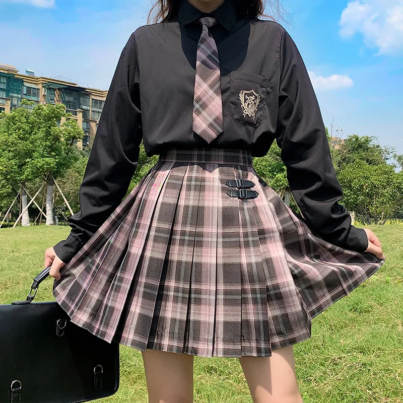 Women's High Waist Pleated Plaid Skirt, School Uniform for Girls, Student Clothes Set, Skirt+ Shirt +Tie 3 Pcs