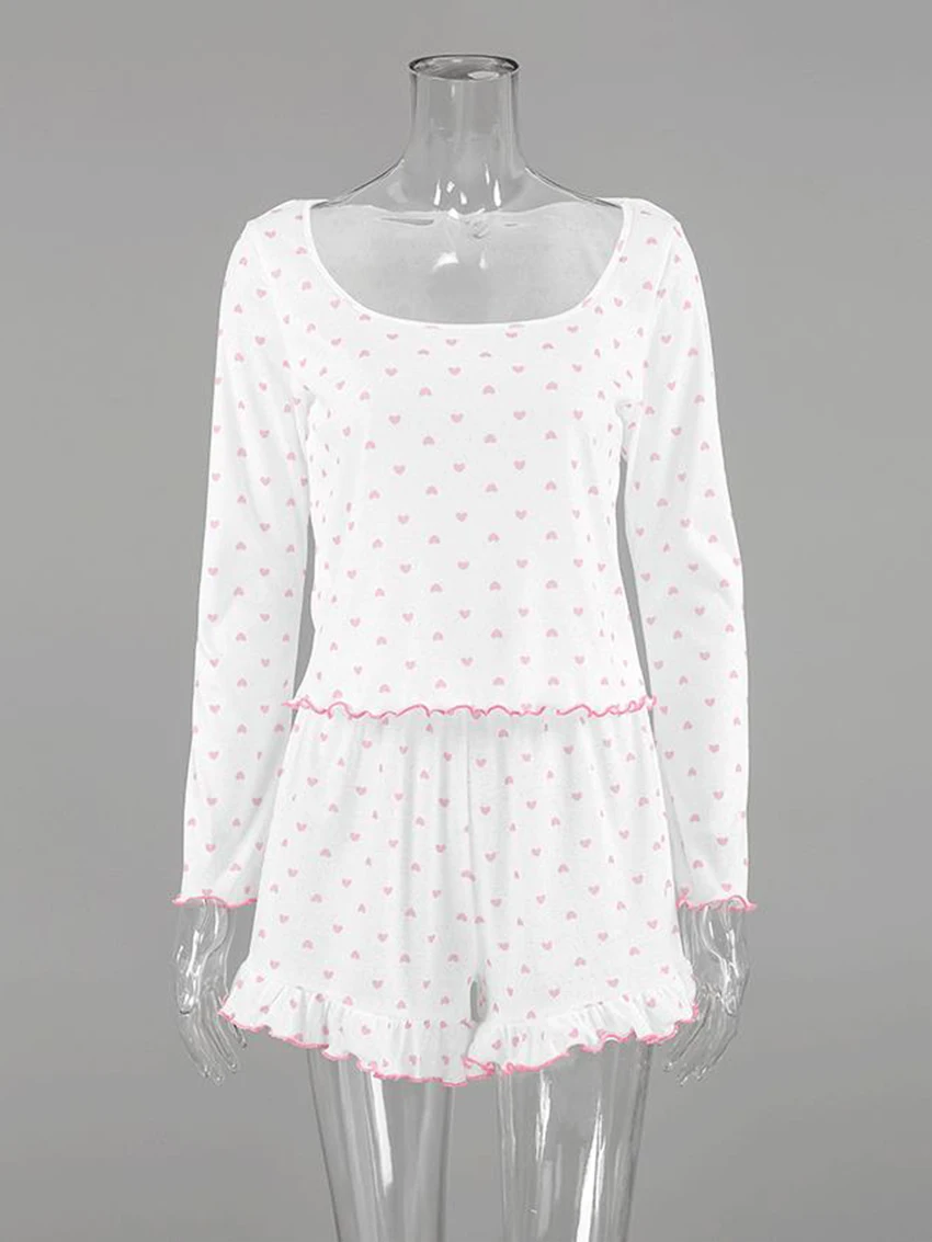 Marthaqiqi Casual Women Nightgown Set Square Collar Pajama Crop Top Sleepwear Long Sleeve Nightie Shorts Printing Nightwear Suit