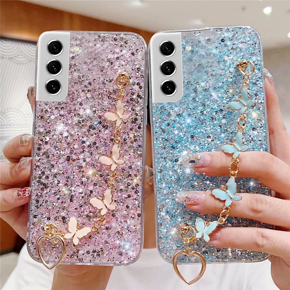 S 21 22 23 Butterfly Bracelet Glitter Phone Case For Samsung Galaxy S24 S23 S22 S21 S20 FE Plus Ultra Note 20 Soft Shining Cover