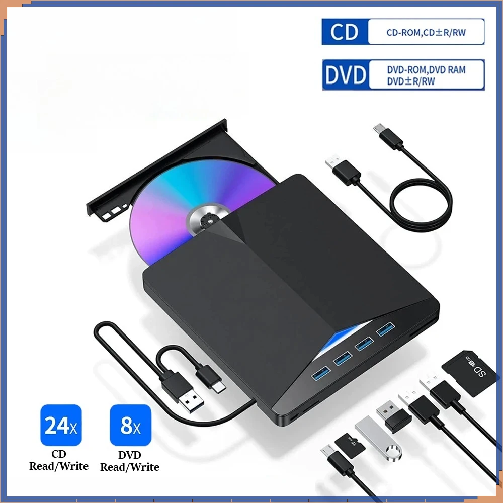 

Многофункциональный DVD-плеер 7-в-1, высокоскоростная передача данных, оптический привод, USB 3.0 Type-C, внешний портативный CD/DVD-ридер
