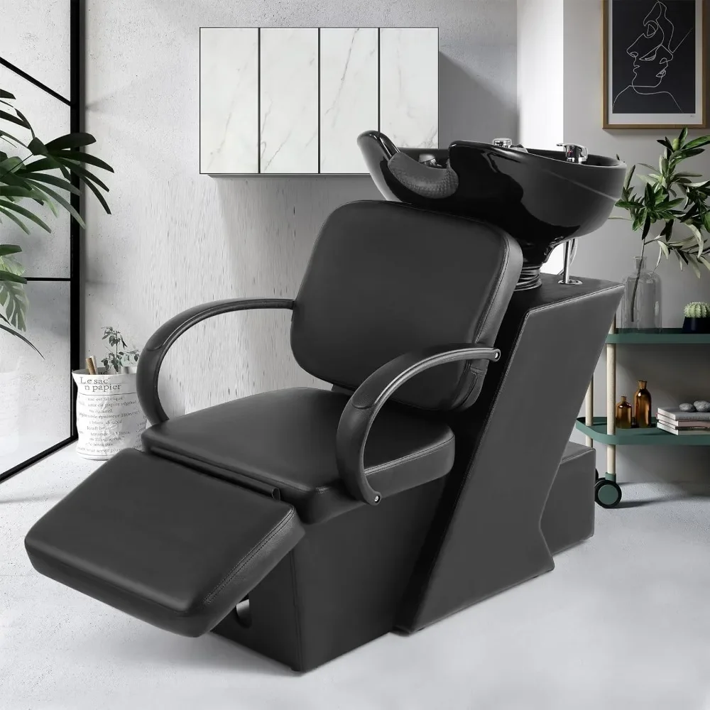 Shampoo Chairs，Manual Ceramic Backwash Sink with Adjustable Footstool, Spa Beauty Tattoo Salon Equipment Shampoo Chairs