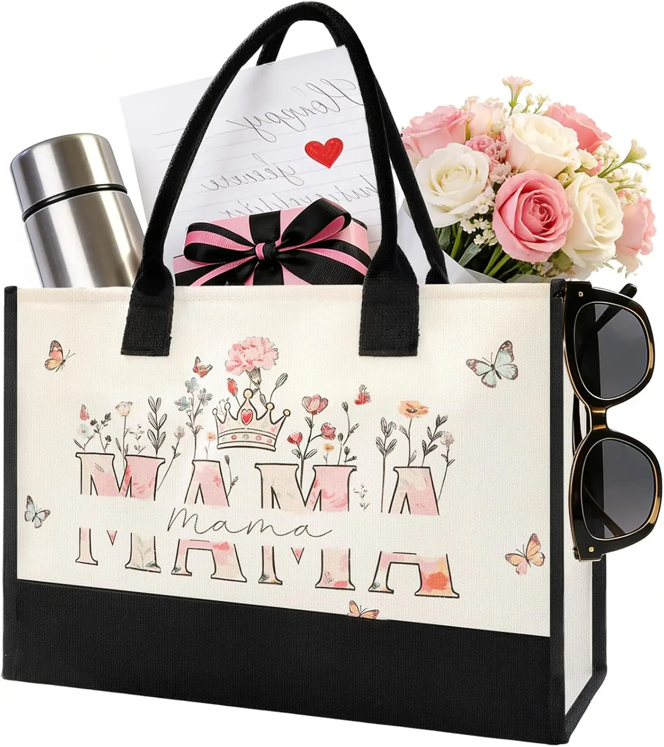 

Large Canvas Tote Bag for Mom - Floral Print MAMA Gift from Son Daughter, Mother's Day Birthday Beach Bag