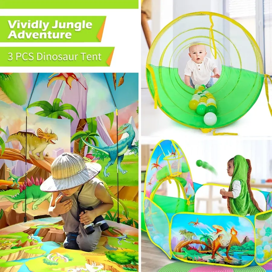 3-teiliges Dinosaurier-Zelt für Mädchen mit Bällebad-Spielzelten und Krabbel-Tunnel für Kleinkinder, rosa Pop-Up-Spielhaus-Spielzeug für Babys und Indooran