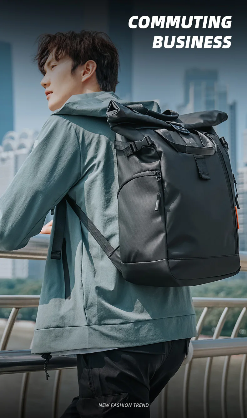 TANGCOOL Gentleman Roll-Top-Rucksack, großes Fassungsvermögen, leicht, wasserdicht, mit mehreren Fächern, für Geschäftsreisen, Laptop-Tasche – Detail 6