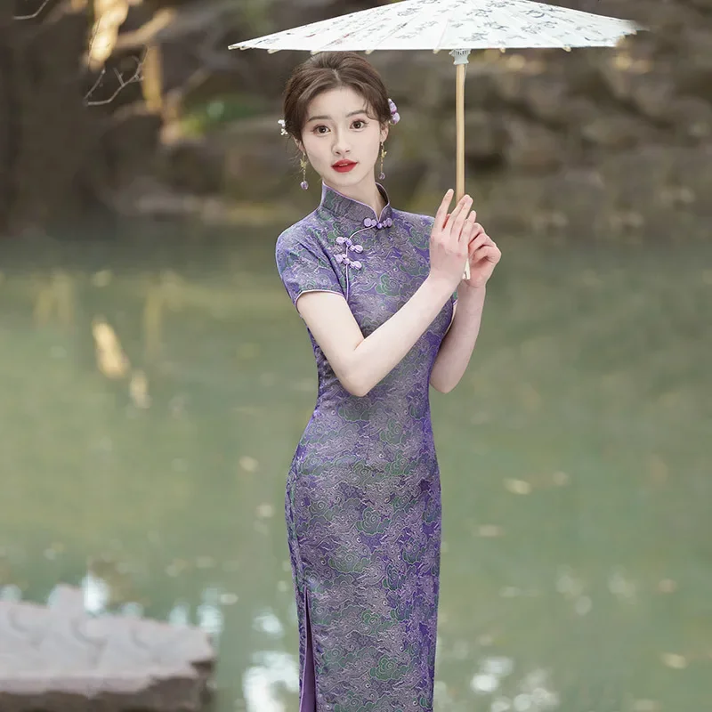 2024 New National Style Old Shanghai Qipao Long Cheongsam Elegant Women Jacquard  High Slit Slim Dress Female Performance Dress