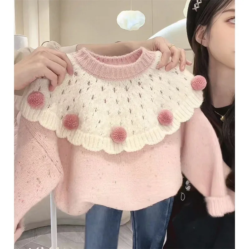 Autumn Winter New Girls Sweet Sweaters Splicing Doll Collar Long Sleeved Knitwear For 2-6 Years Girls Fashion Warm Knitted Top