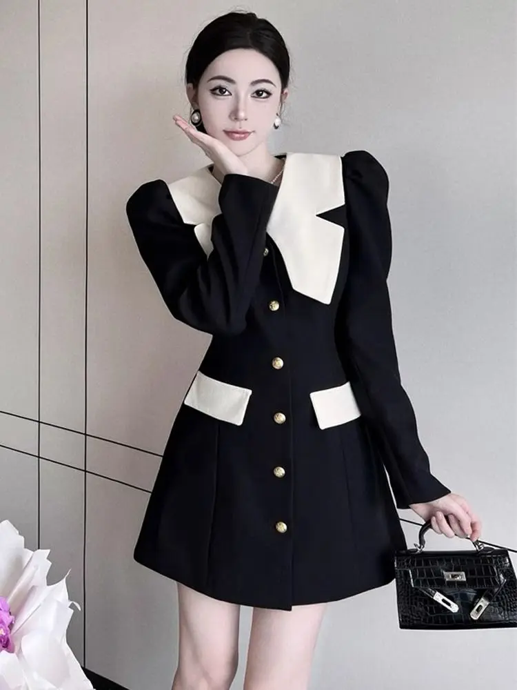 Insozkdg Elegant Fashion White Lapel Black Short Dress Bow Bubble Long Sleeve Slim Dress Women A-Line Dresses 2024 Spring New