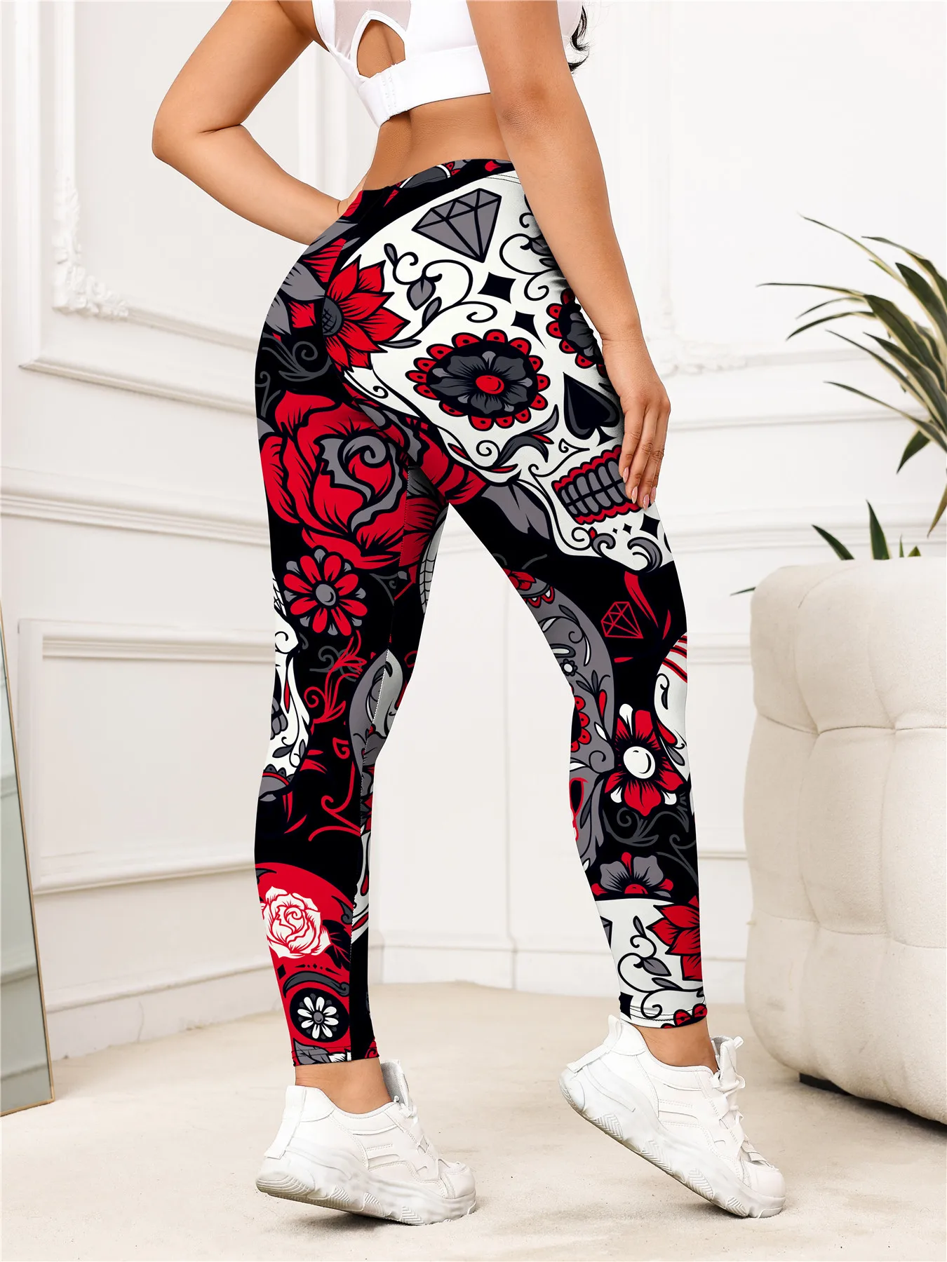 Ladies' high-waisted skeleton rose print elastic breathable fitness outdoor sports base pants - view 5