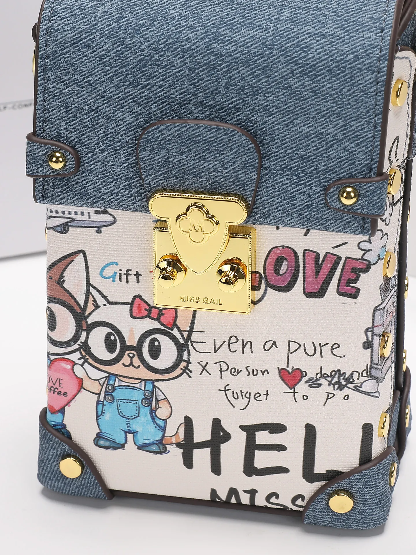Luxury and Vintage Handheld Mobile Phone Bag with Popular Cartoon Graffiti and Premium Denim Canvas Women Fashion Crossbody Bag