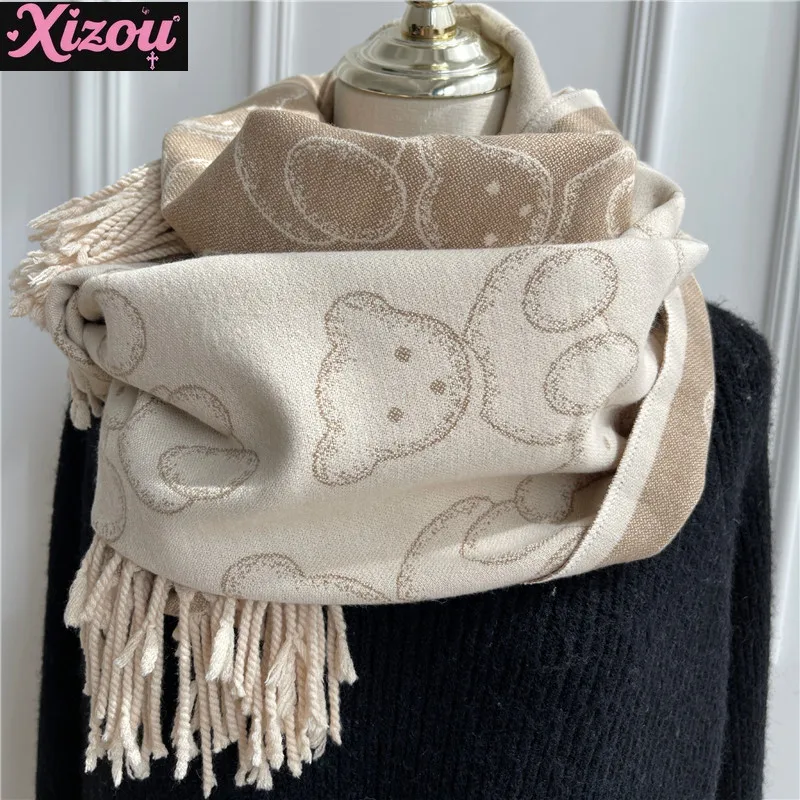 

Мягкий женский зимний корейский универсальный студенческий шарф из искусственного кашемира с милым медвежьим узором для девочек, теплая утолщенная шаль