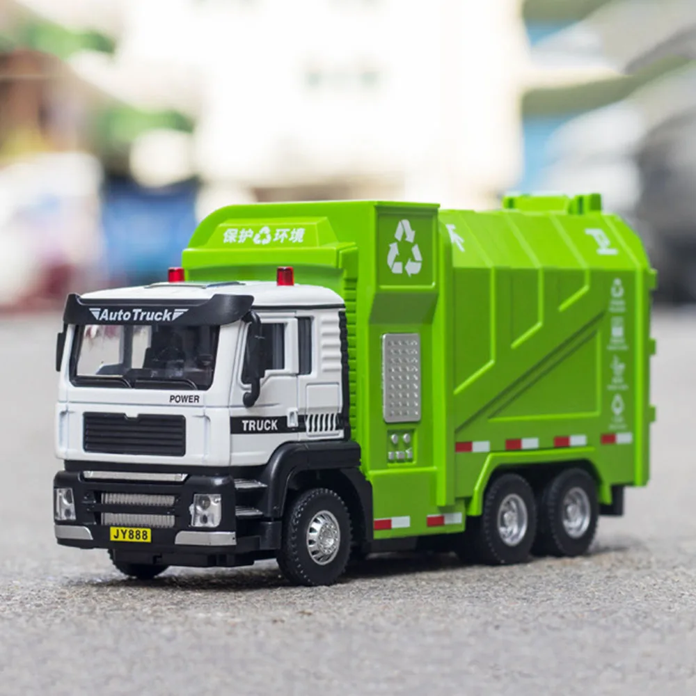 1:50 Scale Alloy Diecast Sanitation Garbage Cars Miniature Models Toys with Pull Back Light Music Watering Car Child Adult Gifts