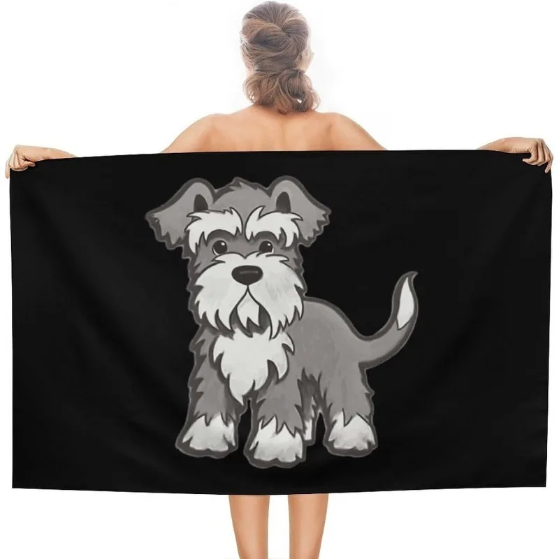 Cartoon Schnauzer Puppy Black Background Print Microfiber Beach Towel, Quick Dry Cute Pet Dog Towel for Lover Beach Swimming