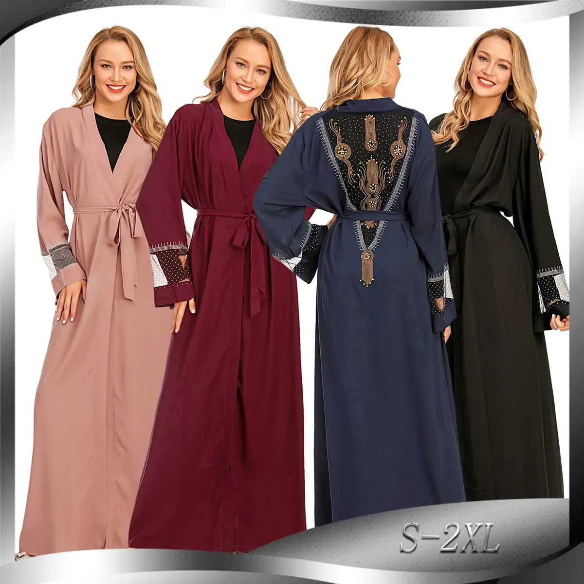 Diamond Lace-up Party Dress Cardigan Abaya for Women Long Sleeve Abayas Patchwork Muslim Dresses Eid Caftan Evening Long Robe