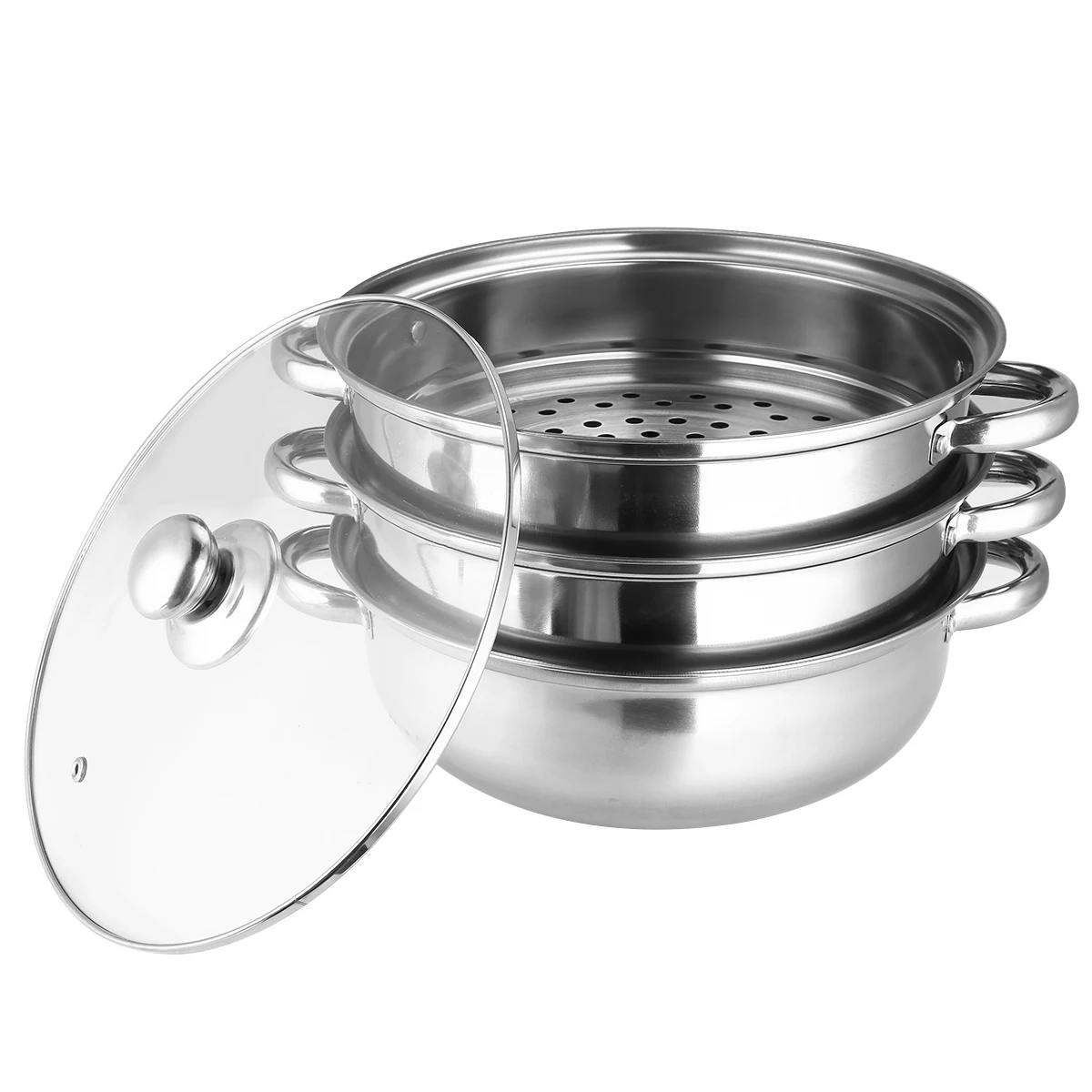 Stainless Steel 3 Tier Cooking Steamer Fish Rice Vegetable Induction Steaming Pot Cookware Utensil 27.5 Cm With Cover