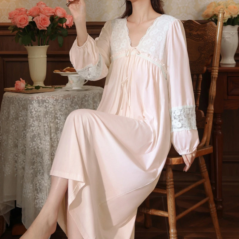 Vintage Spring Autumn Cotton Nightgown Women Lace V Neck Nightdress Solid Color Princess Sleepwear Fairy Long Sleeve Night Dress