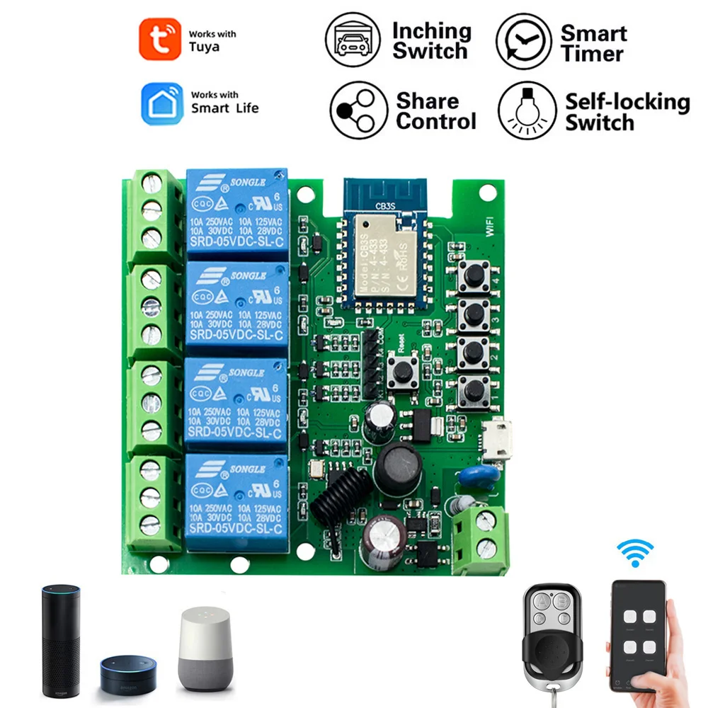 Tuya Smart Life Wifi AC 85- 220V DC 7-32V 10A 4 Ch Wireless RF Remote Control Board Transmitter Receiver Relay Switch Module