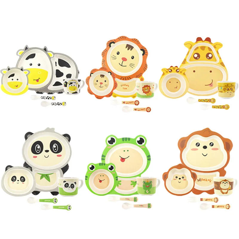 

Natural Bamboo Fiber Plates Set Cute Cartoon Dish Tableware for Kids Eco Friendly Food Plate Bowl Cup Spoon Fork Daily Home Use
