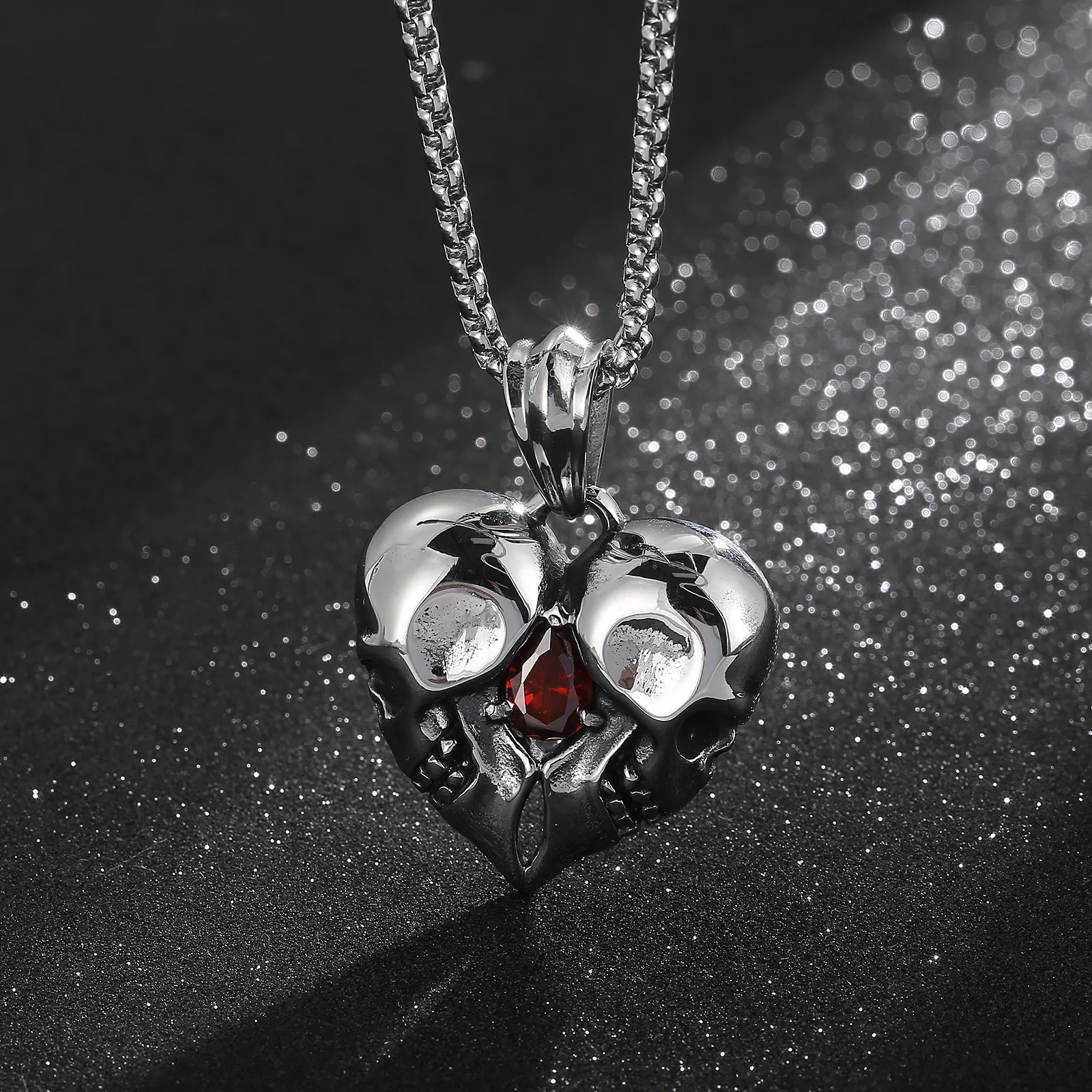 Stainless Steel Love Heart Skull With Red Gemstone Pendant Necklace