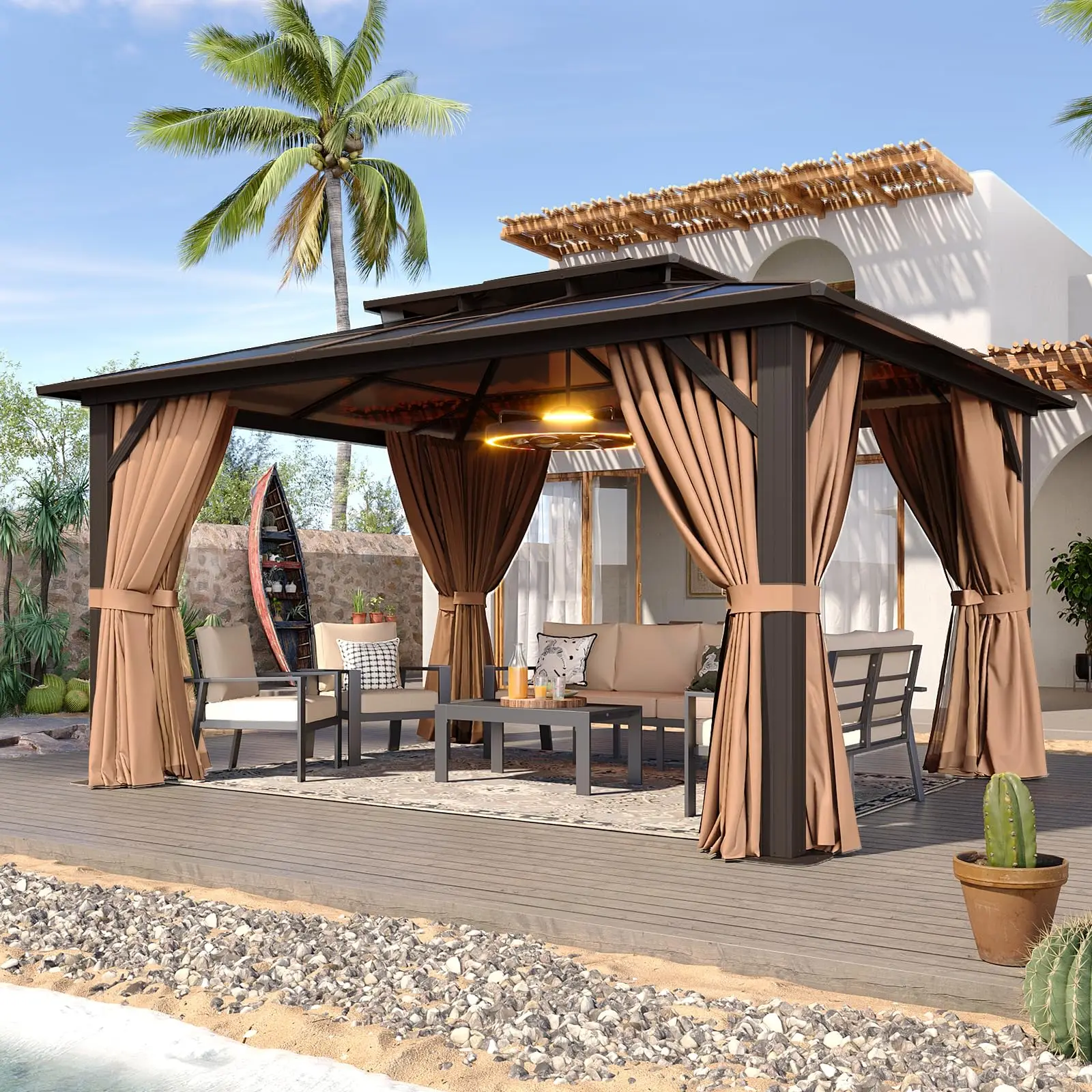 

Modern Custom Outdoor Pavilion Permanent Double Roof Aluminum Frame Waterproof Garden Hardtop Gazebo Tent With Curtains