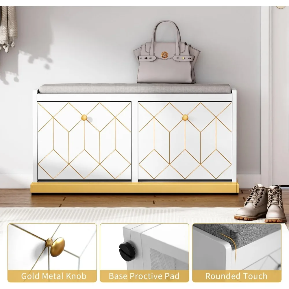 Banc à chaussures avec rangement, banc d'entrée moderne avec 2 tiroirs rabattables et siège coussin rembourré, banc de rangement pour chaussures pour couloir, Cl