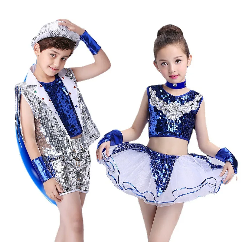 Disfraz de escenario de baile de Jazz para niño y niña, Ropa de baile moderna sexy de hip hop, vestido de baile, falda de baile, tutú, azul y amarillo, nuevo