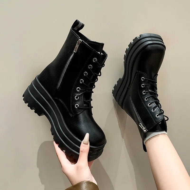 Fall/Winter New Side Zip Platform Single Boots Women's Fashion Round Toe Front Lace-Up Non-Slip Shorthole Boots