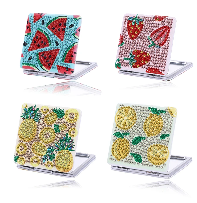1/Set DIY Fruchtmuster Strass-Kunst Kompakter Tragbarer Klappspiegel-Set für Mädchen Diamant-Malerei Taschenspiegel für Erwachsene