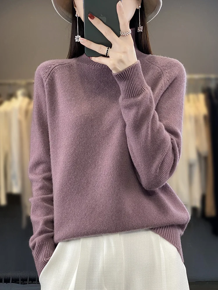 Autumn Merino Wool Sweater Mockneck Cashmere Pullover Knitwear Women Fashion Basic Slim Long Sleeve Spring Clothing Tops