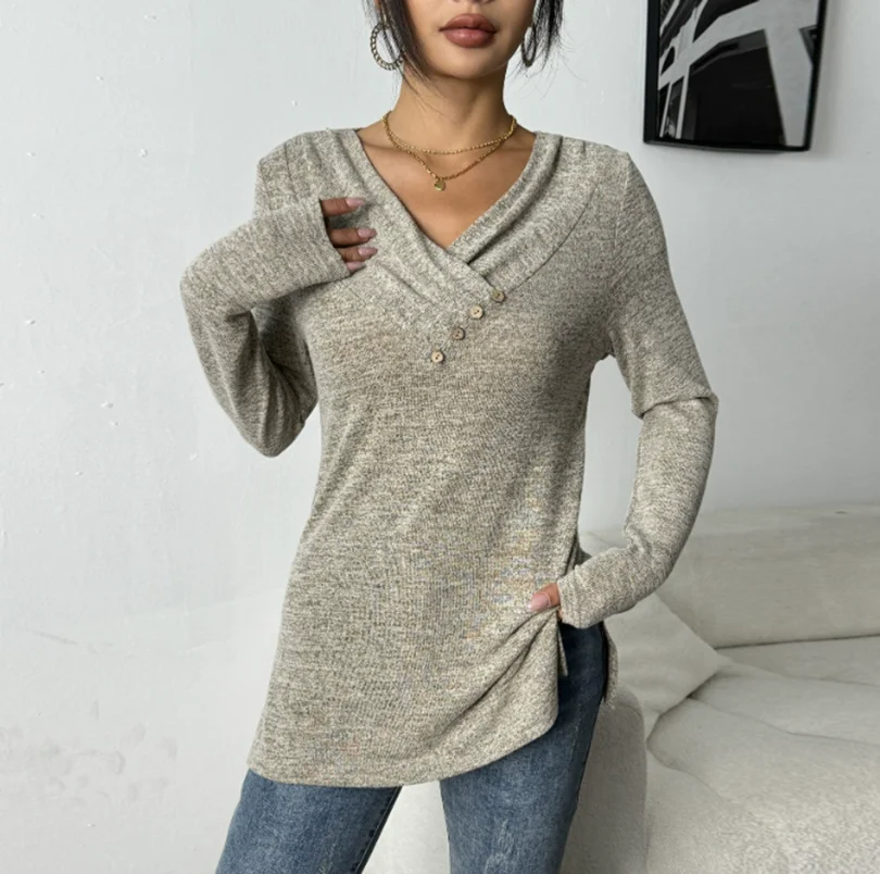 Ropa de mujer, Tops informales con cuello en V y botones, Color sólido, versátil, de manga larga, Top de Camping a la moda, Playeras Casuales