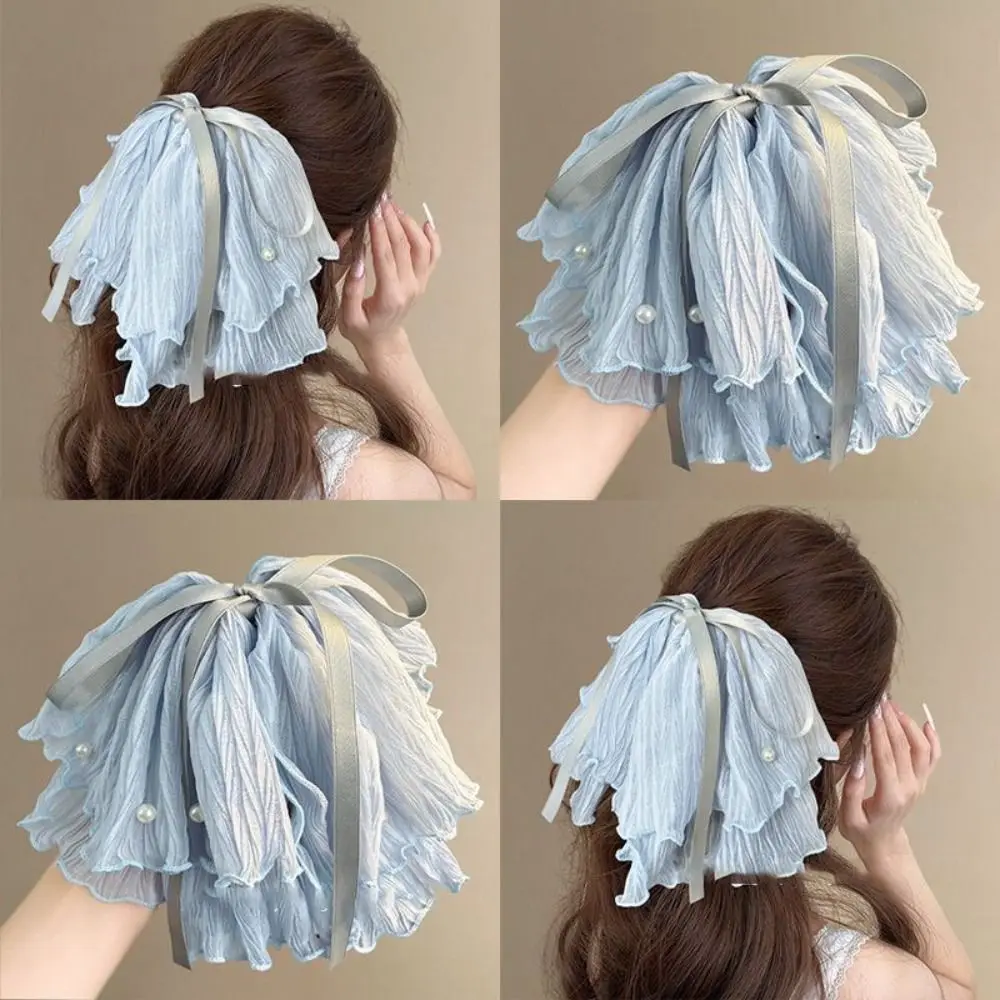 

Корейская шелковая лента с узлом, заколка для волос, бант, тонкая марлевая заколка для волос с жемчугом, высокие заколки для хвоста, аксессуары для волос