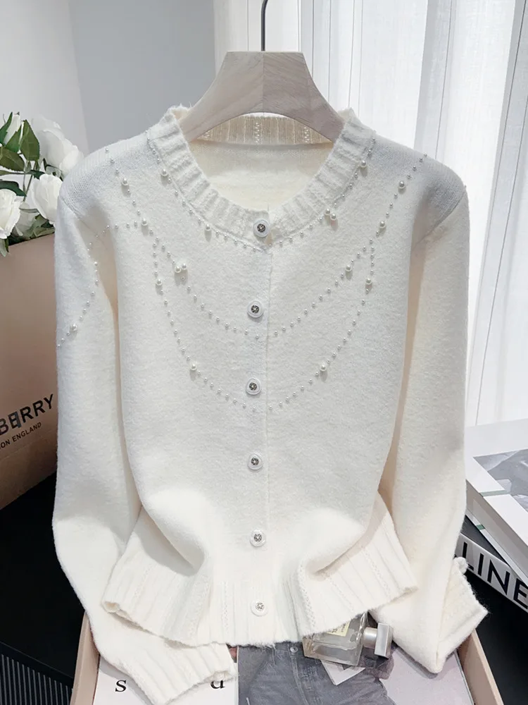 

Autumn Winter New Heavy Beaded Sweater Coat Niche Light Luxury High-end Knitted Unif Cardigan Short Fashion Tops 2000s Aesthetic
