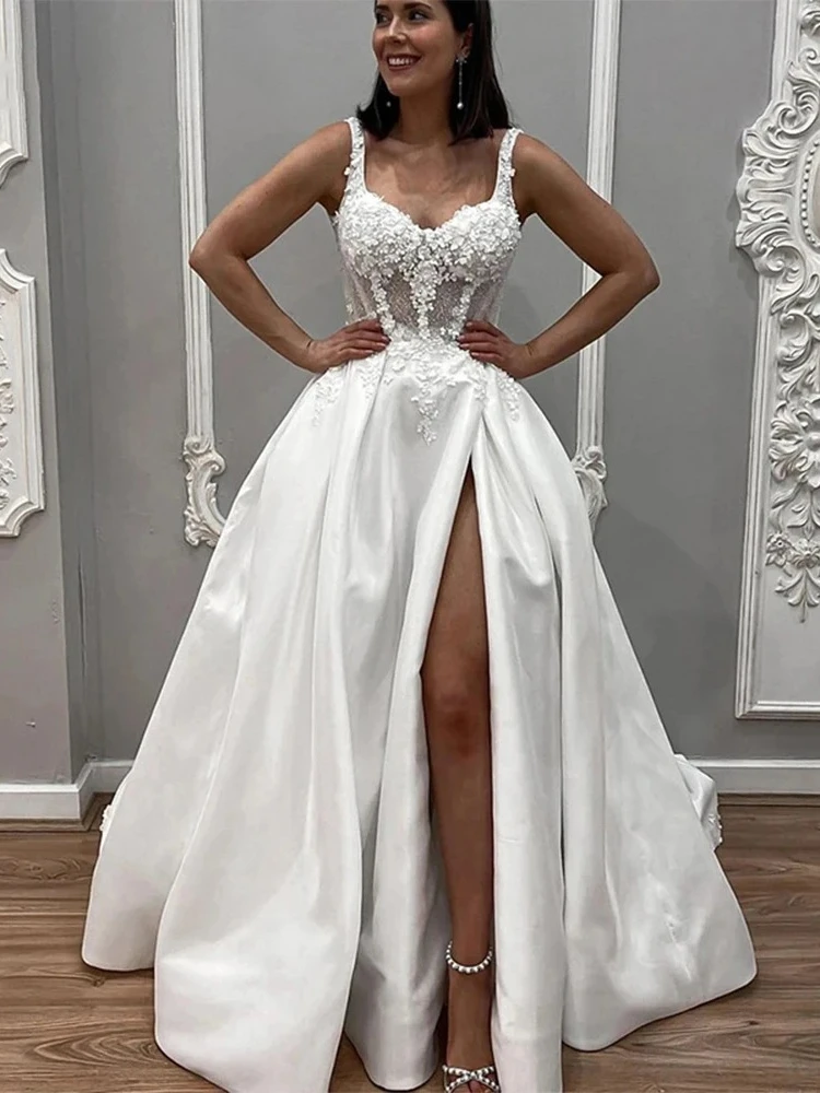 Princess Satin A Line Wedding Dresses Straps Beaded Applique Side Slit Sweep Train Bridal Gown For Reception vestido de novia
