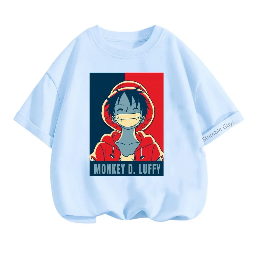 Anime Luffy T-shirt Children Summer Summer One Pieces Short Sleeve Teen Streetwear Cool Boys Clothes Girls 3-14 Years Kids Tops